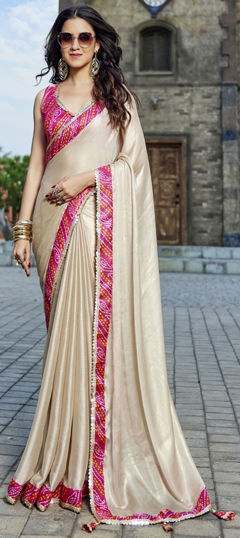 Beige and Brown color Saree in Georgette fabric with Bandhej, Lace, Printed work