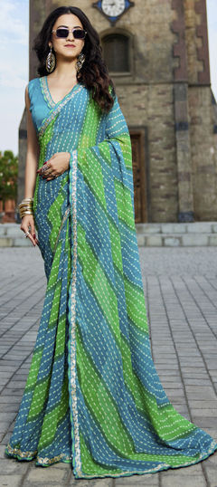 Blue color Saree in Georgette fabric with Bandhej, Embroidered, Printed work