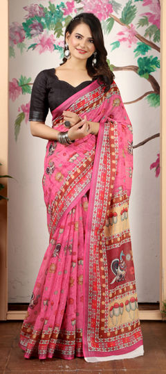 Pink and Majenta color Saree in Cotton, Linen fabric with Digital Print, Weaving work