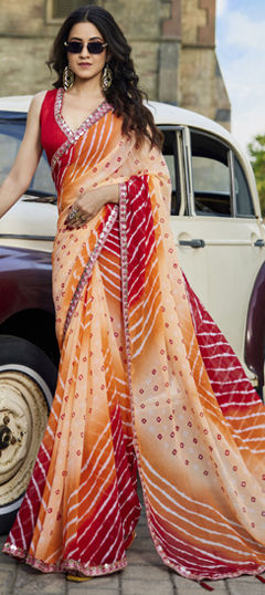Multicolor color Saree in Georgette fabric with Bandhej, Lace, Lehariya, Printed work