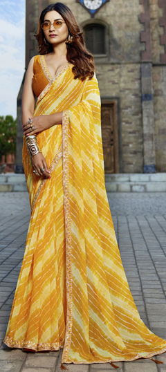 Yellow color Saree in Georgette fabric with Embroidered, Lehariya, Printed, Sequence work