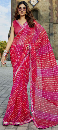 Pink and Majenta color Saree in Georgette fabric with Bandhej, Embroidered, Printed work