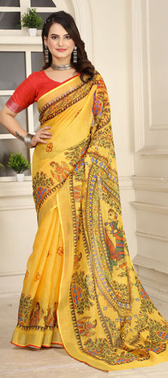 Yellow color Saree in Cotton, Linen fabric with Digital Print, Weaving work