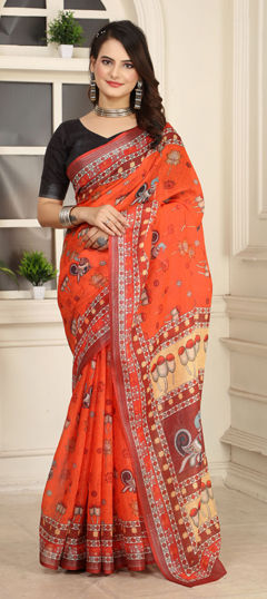 Orange color Saree in Cotton, Linen fabric with Digital Print, Weaving work
