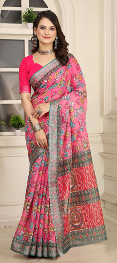 Pink and Majenta color Saree in Cotton, Linen fabric with Digital Print, Weaving work