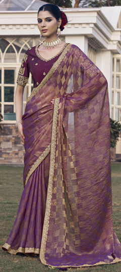 Purple and Violet color Saree in Tissue fabric with Embroidered, Sequence, Zari work