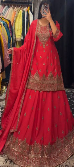 Red and Maroon color Long Lehenga Choli in Chinon Silk fabric with Embroidered, Sequence work