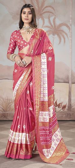 Pink and Majenta color Saree in Silk fabric with Weaving work