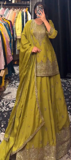 Green color Long Lehenga Choli in Chinon Silk fabric with Embroidered, Sequence work