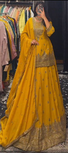 Yellow color Long Lehenga Choli in Chinon Silk fabric with Embroidered, Sequence work