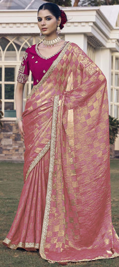 Pink and Majenta color Saree in Tissue fabric with Embroidered, Sequence, Zari work