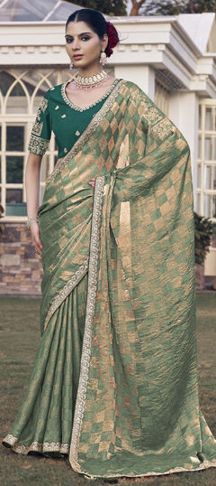 Green color Saree in Tissue fabric with Embroidered, Sequence, Zari work