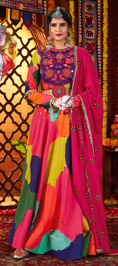 Multicolor color Ready to Wear Lehenga in Muslin fabric with Mirror, Printed work