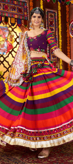 Multicolor color Ready to Wear Lehenga in Muslin fabric with Mirror, Printed work