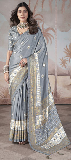 Black and Grey color Saree in Silk fabric with Weaving work