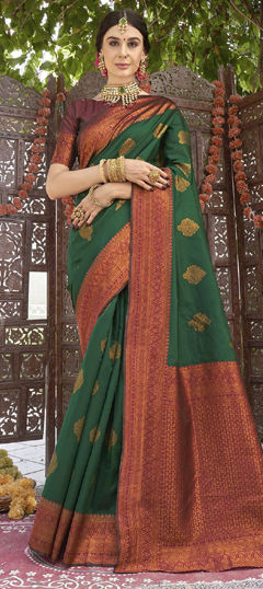 Green color Saree in Banarasi Silk fabric with Weaving work