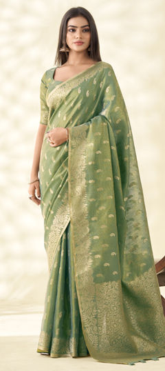 Green color Saree in Tissue fabric with Weaving, Zari work