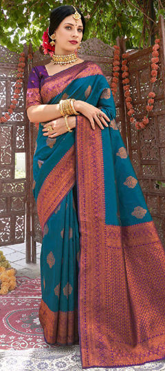 Blue color Saree in Banarasi Silk fabric with Weaving work