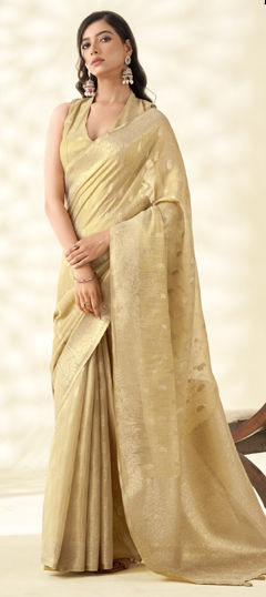 Beige and Brown color Saree in Tissue fabric with Weaving, Zari work