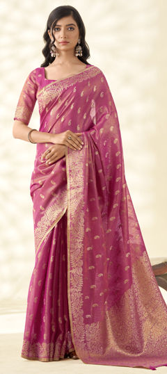 Pink and Majenta color Saree in Tissue fabric with Weaving, Zari work
