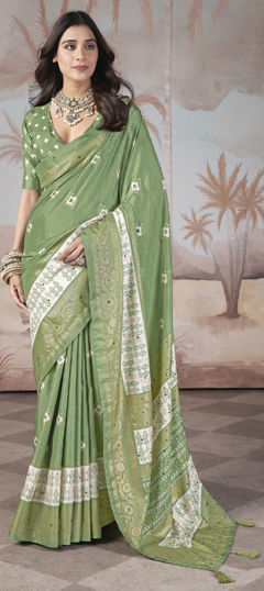 Green color Saree in Silk fabric with Weaving work