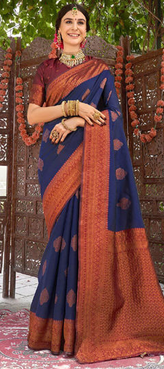 Blue color Saree in Banarasi Silk fabric with Weaving work