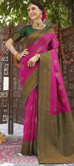 Pink and Majenta color Saree in Banarasi Silk fabric with Weaving work