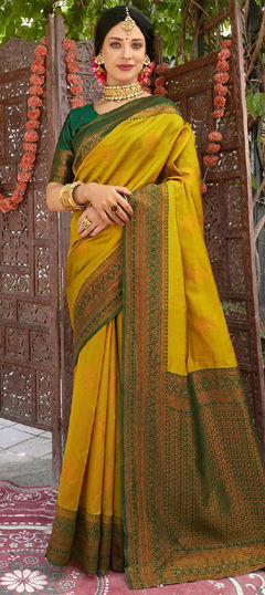 Yellow color Saree in Banarasi Silk fabric with Weaving work