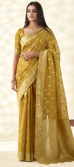 Yellow color Saree in Tissue fabric with Weaving, Zari work