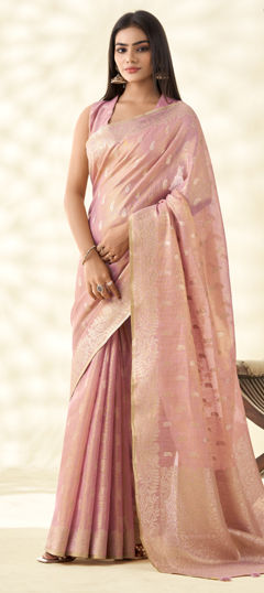 Pink and Majenta color Saree in Tissue fabric with Weaving, Zari work
