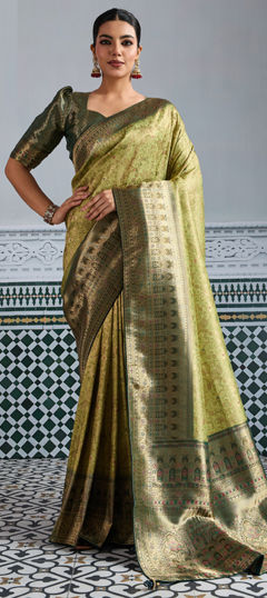 Green color Saree in Kanjeevaram Silk fabric with Weaving work