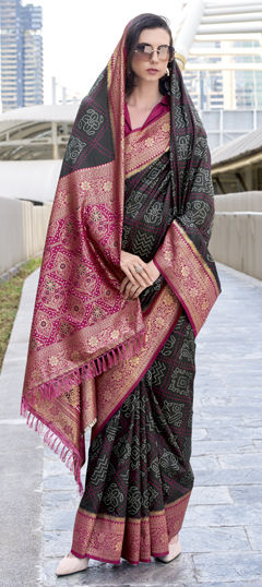 Black and Grey color Saree in Silk fabric with Bandhej, Printed, Weaving work