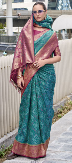 Blue color Saree in Silk fabric with Bandhej, Printed, Weaving work