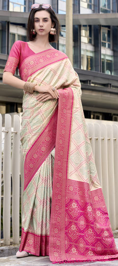 Beige and Brown color Saree in Silk fabric with Bandhej, Printed, Weaving work