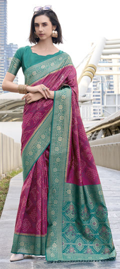 Pink and Majenta color Saree in Silk fabric with Bandhej, Printed, Weaving work