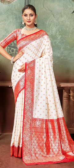 White and Off White color Saree in Tussar Silk fabric with Weaving work