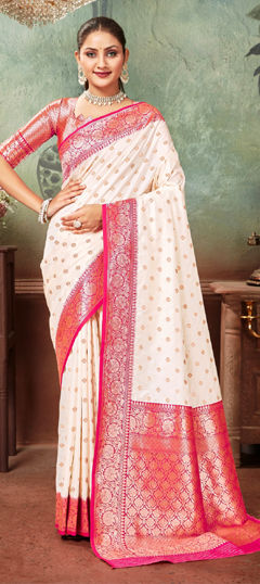 White and Off White color Saree in Tussar Silk fabric with Weaving work