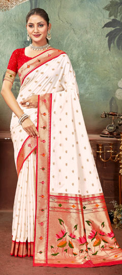 White and Off White color Saree in Tussar Silk fabric with Weaving work