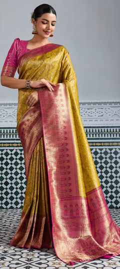 Yellow color Saree in Kanjeevaram Silk fabric with Weaving work