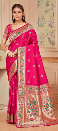 Pink and Majenta color Saree in Silk fabric with Weaving, Zircon work