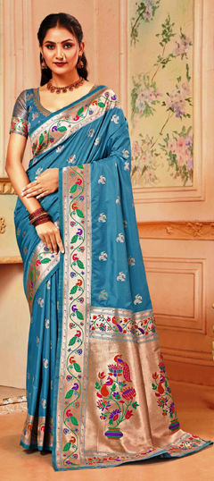 Blue color Saree in Silk fabric with Weaving, Zircon work
