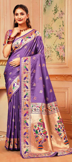 Purple and Violet color Saree in Silk fabric with Weaving, Zircon work