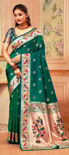 Green color Saree in Silk fabric with Weaving, Zircon work