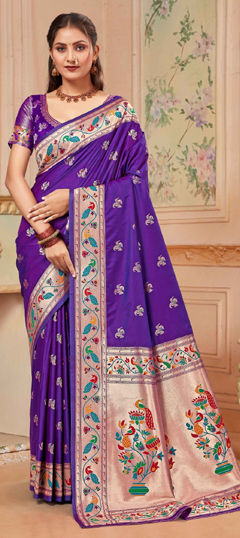 Purple and Violet color Saree in Silk fabric with Weaving, Zircon work