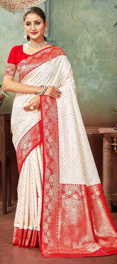 White and Off White color Saree in Tussar Silk fabric with Weaving work