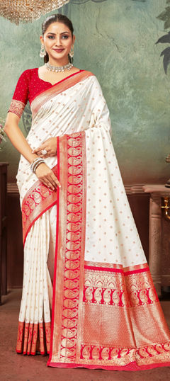 White and Off White color Saree in Tussar Silk fabric with Weaving work