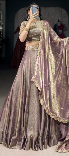 Beige and Brown color Lehenga in Tissue fabric with Embroidered, Sequence, Thread work