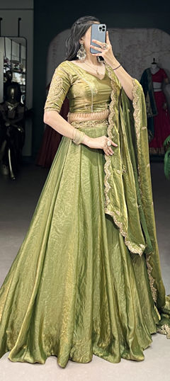 Green color Lehenga in Tissue fabric with Embroidered, Sequence, Thread work