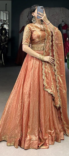 Beige and Brown color Lehenga in Tissue fabric with Embroidered, Sequence, Thread work