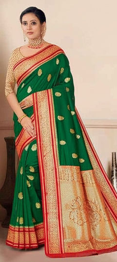Green color Saree in Tissue fabric with Weaving, Zari work